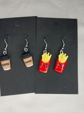 Kawaii Coffee Cup & Fries Dangle Earrings - Beige, Black, Red, Yellow